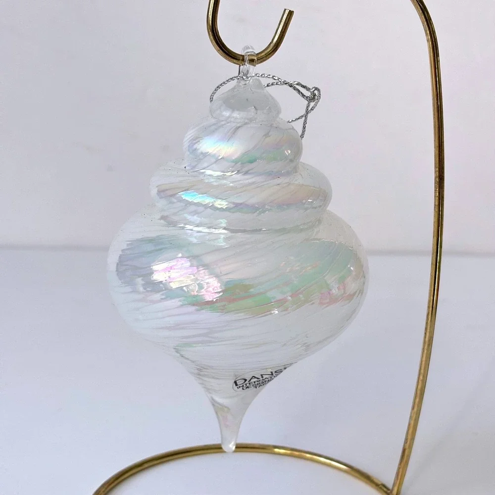 Vintage Dansk Glass Shell Christmas Ornament Iridescent Swirl White‎ Coastal